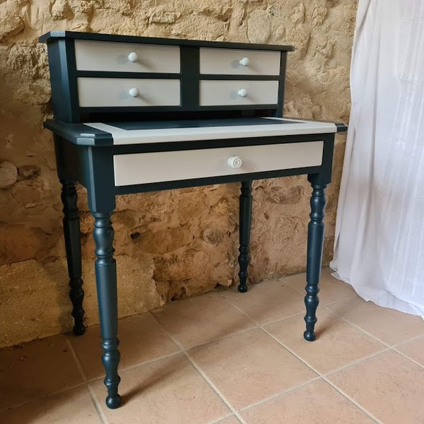 Bureau vintage - bureau secrétaire à gradins vintage  bleu et gris avec tablette coulissante