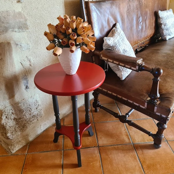 Guéridon en bois rouge et noir anthracite, sellette, table d'appoint