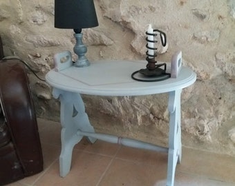 Table d'appoint en bois ovale, sellette, bout de canapé, gris/vieux rose