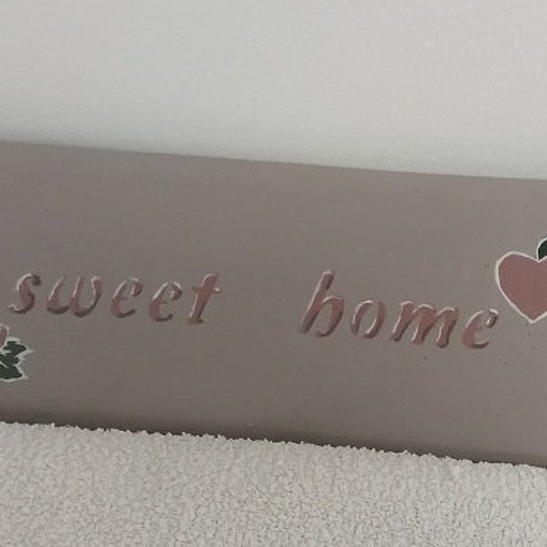 Plaque de porte décorative sweet home patinée taupe rosée, panneau à suspendre
