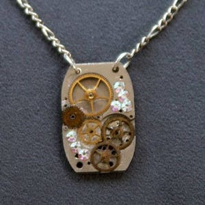 Steampunk necklace/pendant Handmade vintage Victorian recycled costume jewelry with Austrian crystals made from a ladies  1930&#39;s watch