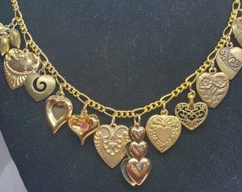Heart Bracelet Handmade Victorian Vintage Recycled Unique with 12 different charms. Costume and Fashion jewelry. FREE SHIPPING eligible!