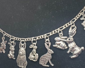 Rabbit Bracelet Handmade Vintage Recycled Victorian Costume and Fashion Jewelry with 12 unique charms.  FREE SHIPPING ELIGIBLE