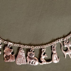 CAT bracelet Handmade vintage Victorian recycled Unique costume and fashion jewelry with 12 different cat charms. Spend 35 FREE SHIPPING