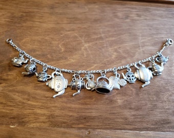 Teapot bracelet Handmade Victorian vintage recycled fashion and costume jewelry in silver tone with 12 unique charms. Free shipping eligible