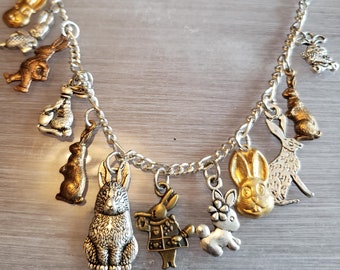 Rabbit bracelet Handmade Vintage Recycled Victorian Fashion and Costume jewelry with 12 unique and different charms.  Free shipping eligible