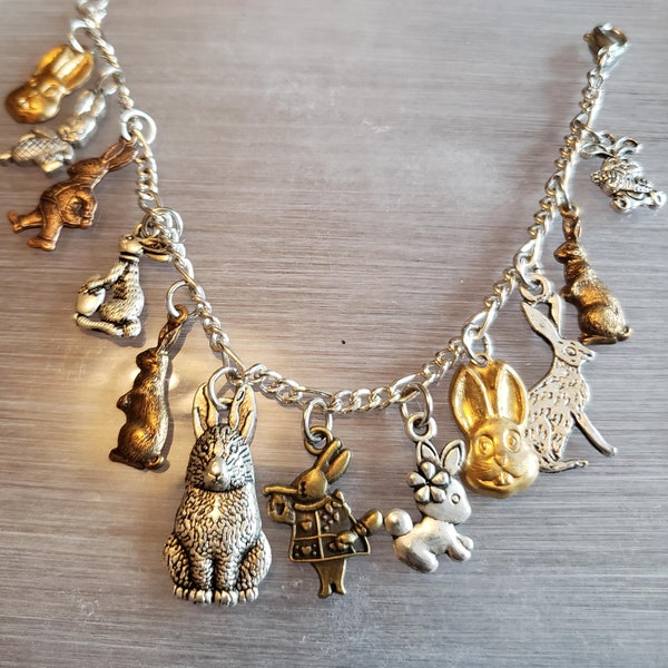 Rabbit bracelet Handmade Vintage Recycled Victorian Fashion and Costume jewelry with 12 unique and different charms.  Free shipping eligible