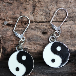 YIN and YANG  Earrings, Vintage, Victorian, Steampunk, Recycled.  Enamel surfaced costume/fashion jewelry.  Spend 35 for FREE shipping.