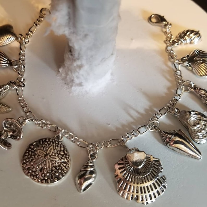May include: A silver charm bracelet with various sea-themed charms, including seashells, starfish, and a sand dollar.