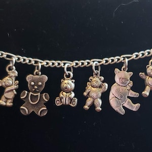 Teddy Bear Bracelet Handmade Victorian Vintage Recycled Fashion Costume jewelry in silver tones with 12 charms  Spend 35 get FREE shipping.