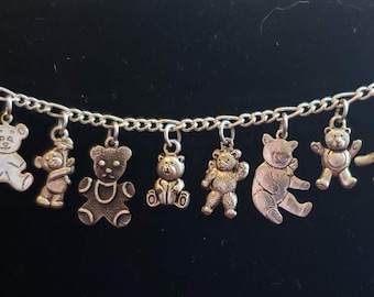 Teddy Bear Bracelet Handmade Victorian Vintage Recycled Fashion Costume jewelry in silver tones with 12 charms  Spend 35 get FREE shipping.