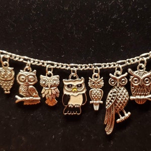 OWL bracelet with enamel owl Handmade Recycled Vintage Victorian with 12 Unique charms. Fashion and Costume jewelry. FREE SHIPPING eligible