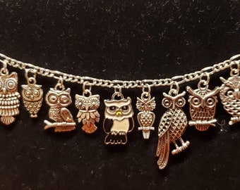 OWL bracelet with enamel owl Handmade Recycled Vintage Victorian with 12 Unique charms. Fashion and Costume jewelry. FREE SHIPPING eligible