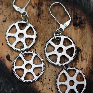 Earrings Steampunk Handmade Recycle Victorian Vintage style clock part gears wheels and cogs. Unique Costume and fashion jewelry