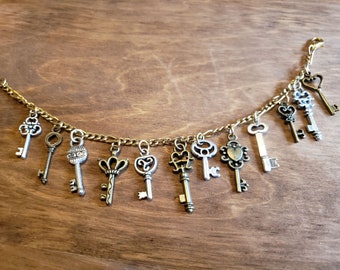 KEY collectors Bracelet Handmade Steampunk Victorian Vintage Recycled Costume and Fashion jewelry with 12 charms  FREE SHIPPING eligible