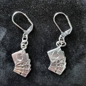 Playing Card earrings vintage Victorian steampunk recycled upcycled costume jewelry silver tones lever back ear wires, can be made into clip