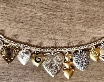 Silver Charm Bracelet, Silver Heart and Gemstone Charm Bracelet, Vintage  Style Bracelet, Handmade Unique Charm Bracelet, Girlfriend Present 