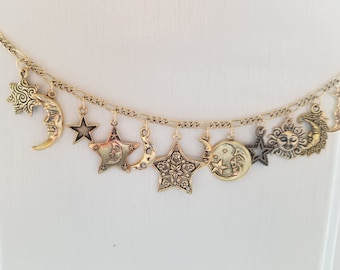 Moon, Stars and Sun Bracelet Handmade in gold tones Vintage Victorian recycled with 12 unique and different  charms.  Free shipping eligible