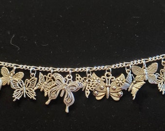 Butterfly Bracelet Handmade Vintage Recycled Upcycled Victorian Costume & Fashion Jewelry. 12 unique silver tone charms Free ship eligible
