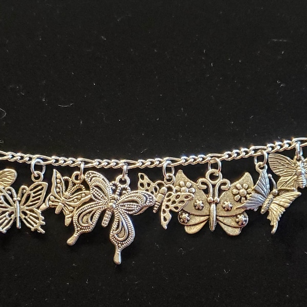 Butterfly Bracelet Handmade Vintage Recycled Upcycled Victorian Costume & Fashion Jewelry. 12 unique silver tone charms Free ship eligible