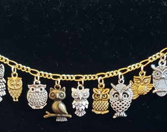 OWL Bracelet Handmade Victorian Vintage Recycled Steampunk fashion and costume jewelry in gold and silver w/12 charms  Spend 35 FREE ship