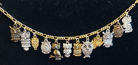 OWL Bracelet Handmade Victorian Vintage Recycled Steampunk fashion and  costume jewelry in gold and silver w/12 charms Spend 35 FREE ship
