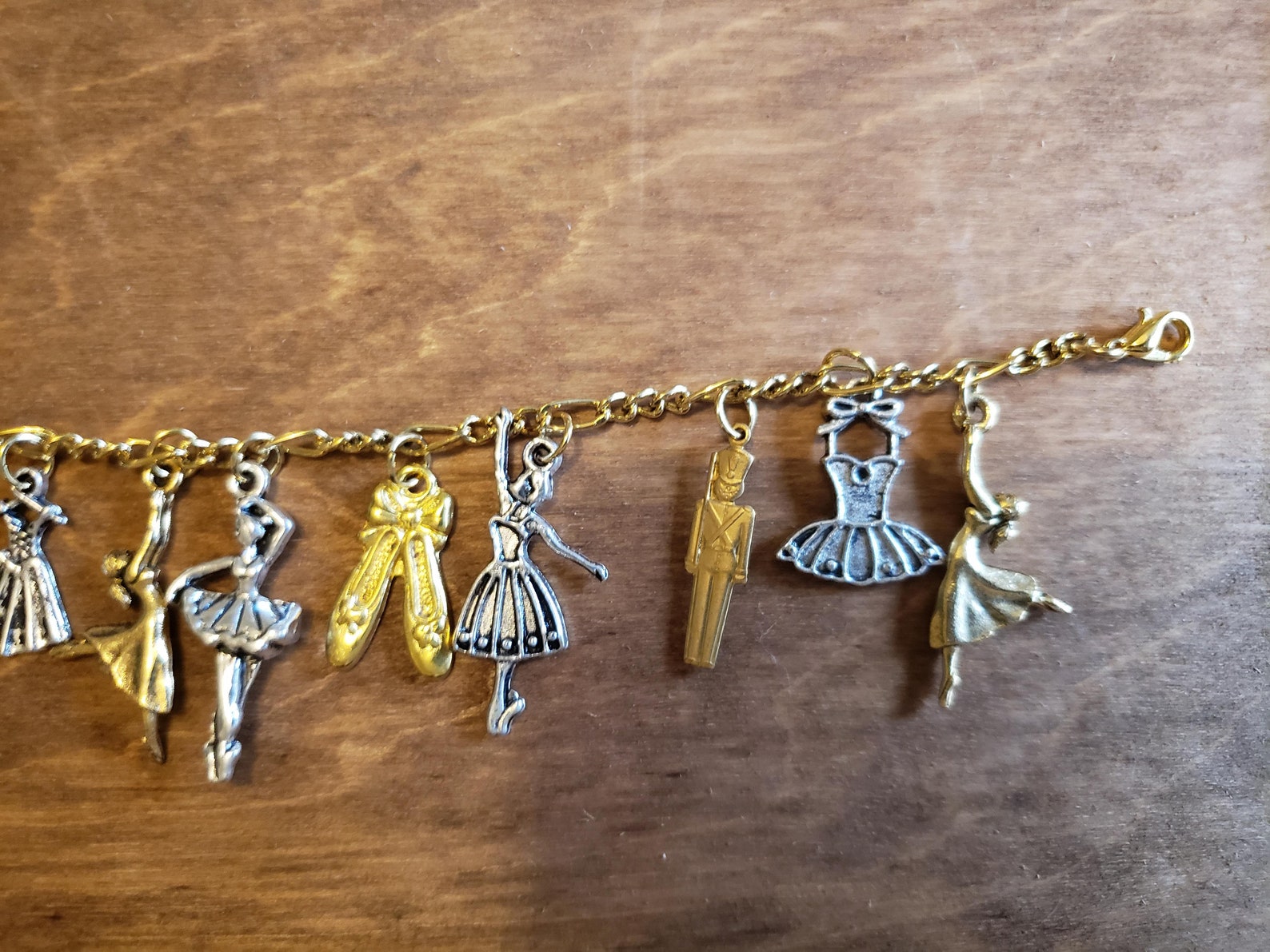 ballet bracelet with nutcracker victorian, vintage, recycled, up-cycled fashion jewelry in gold/silver tones on figaro chain w/1