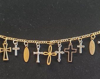 Bracelet with Crosses Handmade Vintage Victorian Recycled Fashion and Costume jewelry with 12 unique charms.  Free shipping eligible.
