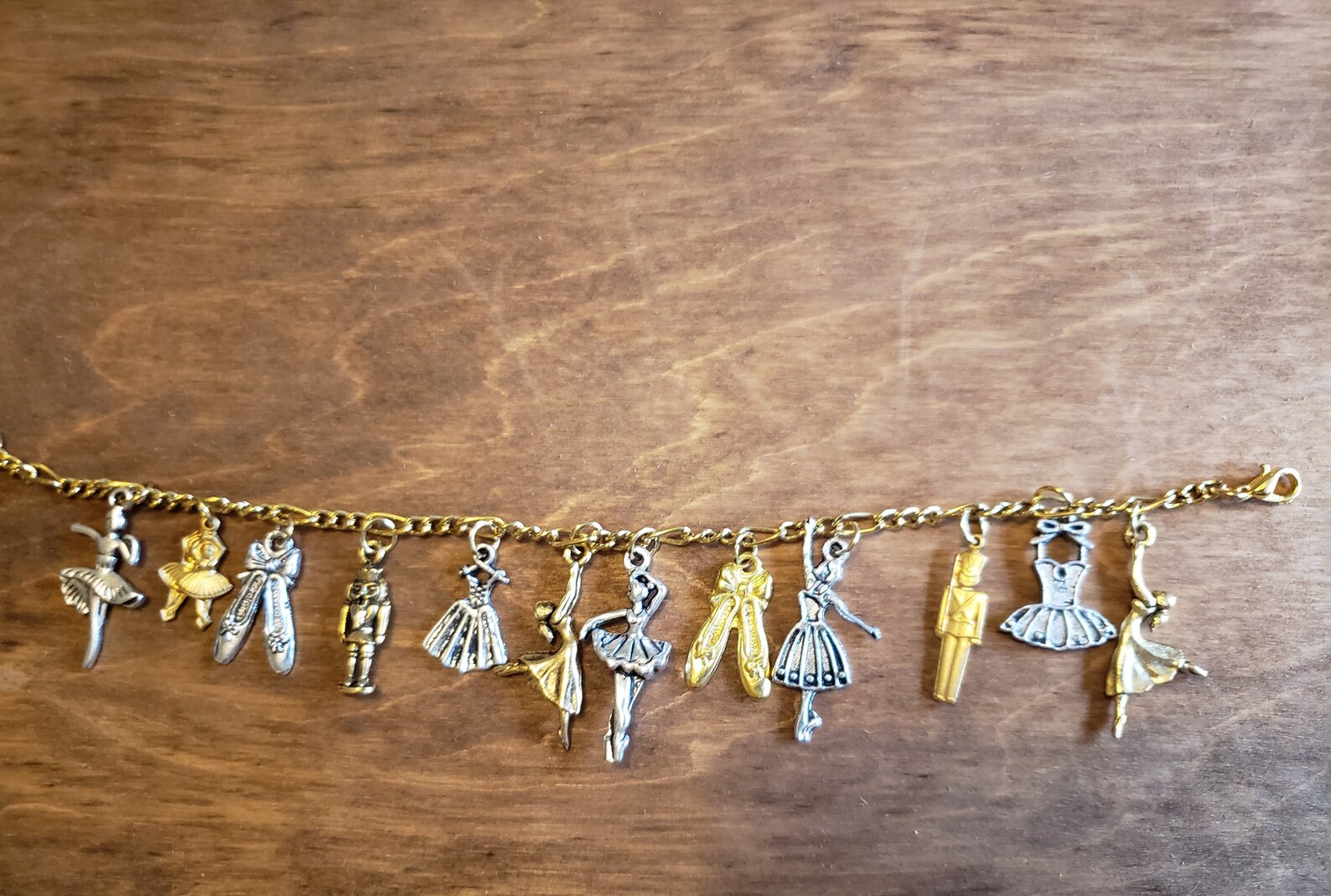ballet bracelet with nutcracker victorian, vintage, recycled, up-cycled fashion jewelry in gold/silver tones on figaro chain w/1