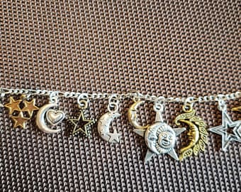 Moon, Stars and Sun Bracelet Handmade Vintage Victorian recycled with 12 unique and different charms. Free shipping eligible.
