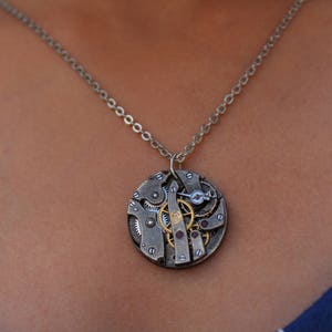 Steampunk Watch movement necklace pendant Handmade vintage Victorian recycled up-cycled fashion and costume jewelry with exposed gears.