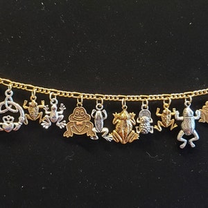 FROGS bracelet  Handmade Vintage Victorian Recycled Unique Fashion and Costume jewelry w/ 12 silver & gold charms.  FREE SHIPPING spend 35.
