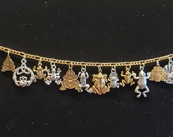 FROGS bracelet  Handmade Vintage Victorian Recycled Unique Fashion and Costume jewelry w/ 12 silver & gold charms.  FREE SHIPPING spend 35.