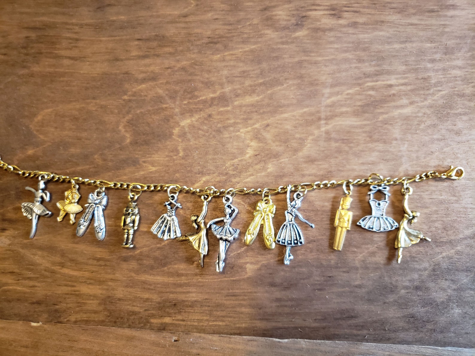 ballet bracelet with nutcracker victorian, vintage, recycled, up-cycled fashion jewelry in gold/silver tones on figaro chain w/1