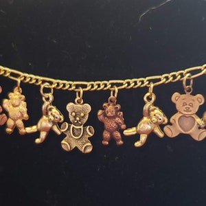 Teddy Bear Bracelet Handmade Victorian Vintage Recycled Fashion/Costume jewelry in gold tone w/ 12 charms. Eligible for FREE SHIPPING!