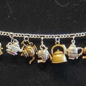 Teapot Bracelet Handmade Vintage Victorian Recycled Steampunk  Costume and Fashion Jewelry with 12 unique charms.  Free shipping eligible