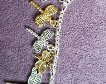 Dragonfly bracelet Handmade Vintage Victorian Recycled Fashion and Costume jewelry with 12 silver/gold charms.  Spend 35 get FREE SHIPPING