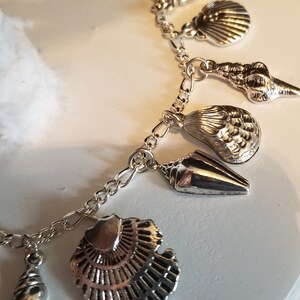 May include: A silver charm bracelet with multiple silver seashell charms. The charms are detailed and realistic.