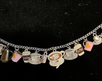 Coffee Bracelet Handmade Vintage Victorian Steampunk Recycled Up-cycled Fashion and Costume Jewelry with 12 charms.  Free shipping eligible