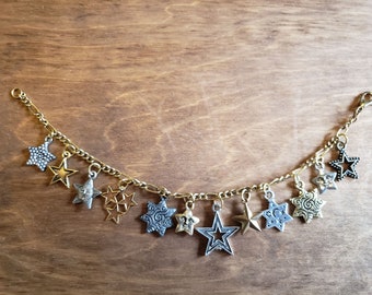 Stars Bracelet Handmade Victorian Vintage Recycled Costume & Fashion jewelry in silver and gold tones w/12 unique charms.Free ship eligible