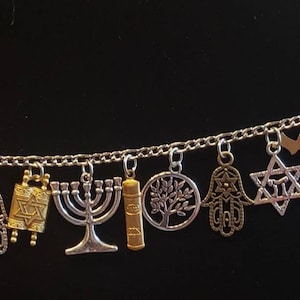 Jewish Religious Bracelet Handmade Vintage Recycled Victorian Costume and Fashion Jewelry with 12 unique charms.  Eligible for FREE SHIPPING