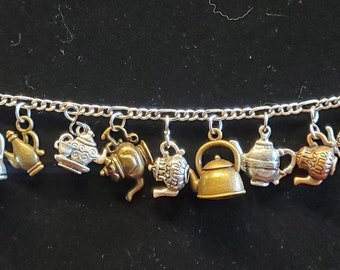 Teapot Bracelet Handmade Vintage Victorian Recycled Steampunk  Costume and Fashion Jewelry with 12 unique charms.  Free shipping eligible