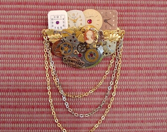 Pin/Brooch Handmade from 4 vintage Victorian ladies watch dials Steampunk recycle cameo collage one of a kind unique conversation pieces.