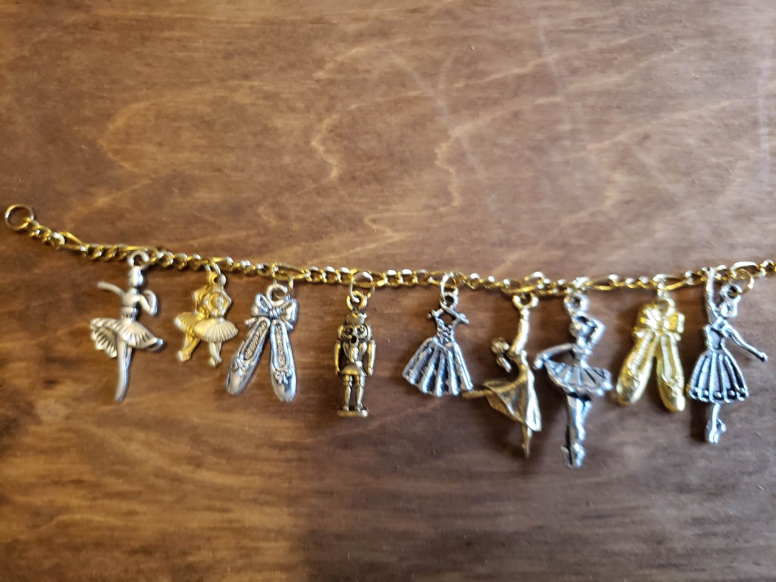 ballet bracelet with nutcracker victorian, vintage, recycled, up-cycled fashion jewelry in gold/silver tones on figaro chain w/1