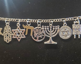Jewish Religious  Bracelet Handmade Vintage Recycled Victorian Costume and Fashion Jewelry with 12 unique charms Free shipping eligible