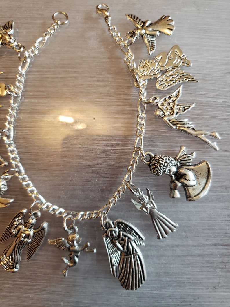 Angel Bracelet Handmade Victorian Vintage Recycled Costume and Fashion jewelry with 12 unique and different charms. Free shipping eligible. image 3