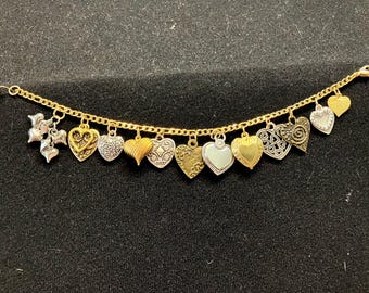 Heart Bracelet Handmade Vintage Victorian Recycled Fashion & Costume jewelry with 12 unique silver and gold tone charms Free Ship eligible