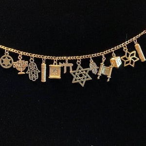Jewish Religious  Bracelet Handmade Vintage Recycled Victorian Costume and Fashion Jewelry with 12 unique gold tone charms Free shipping