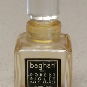 Perfume Bottle &quot;baghari&quot; by Robert Piguet of Paris, Cut Glass with Black & Gold Label, Vintage 1960s
