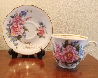 Tasse à thé et soucoupe vintage HAPPY ANNIVERSARY Walbryzch, porcelaine fine, très rare, de Pologne